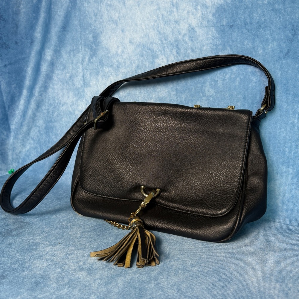 JustFab Black Faux Leather Tassel Crossbody Shoulder Satchel Handbag Purse